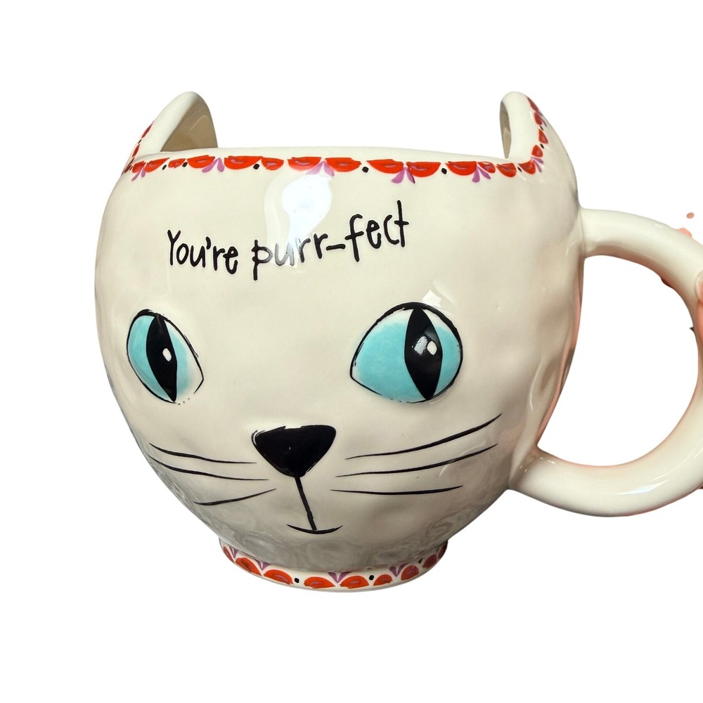 Natural Life Cat Mug You're Purr-fect Kitty White Blue Eyes Floral Novelty